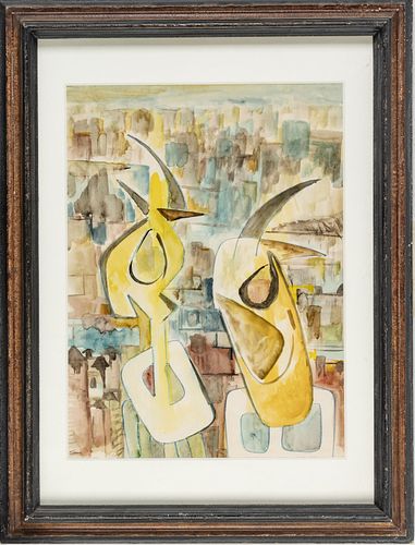 JACK FAXON (AMERICAN, 1936-2020), WATERCOLOR ON PAPER,  H 34", W 26", YELLOW ABSTRACT MOTIF, IMAGE OF MASKS. 
