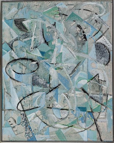 JACK FAXON (AMERICAN, 1936-2020), ACRYLIC ON MASONITE,  BLUE AND BLACK ABSTRACT 