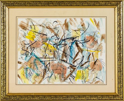 JACK FAXON (AMERICAN, 1936-2020), WATERCOLOR WITH MARKER, 1994, H 12", W 16", ABSTRACT YELLOW, BLUE, BLACK 