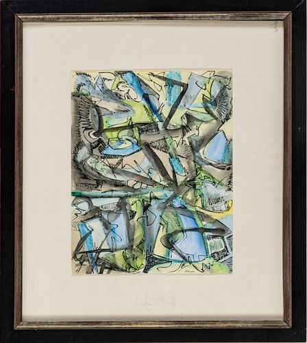 JACK FAXON (AMERICAN, 1936-2020), WATERCOLOR AND MARKER ON PAPER, H 14", W 10", BLUE AND BLACK ABSTRACT 