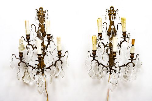FRENCH STYLE IRON AND HAND CUT CRYSTAL  SCONCES, C 1930 PAIR H 19" W 10" 