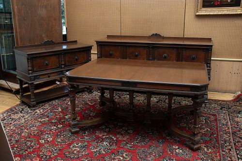 JOHN M. SMITH CO. (CHICAGO) CARVED WALNUT DINING ROOM SET, H 30" W 46" L 64" 