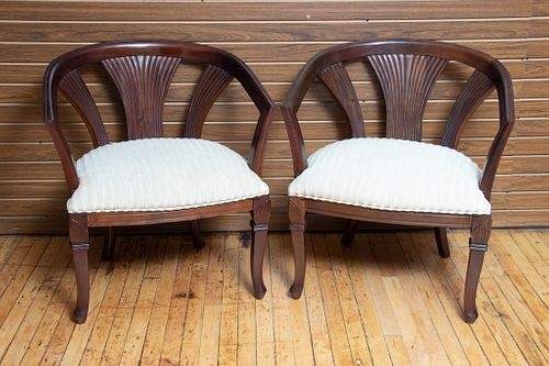 MAHOGANY CARVED OPEN ARM CHAIRS, 5 PCS. H 31", W 28", D 25"