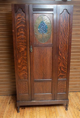 OAK AND STAINED GLASS CUPBOARD, H 72", W 36", D 18"