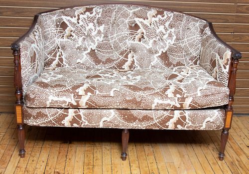 CARVED MAHOGANY SHERATON INFLUENCED SETTEE, H 36" W 51" D 29.5" 