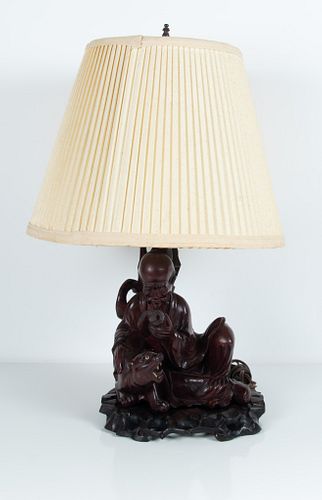 ASIAN CARVED WOOD SCULPTURAL LAMP, H 22", W 9"