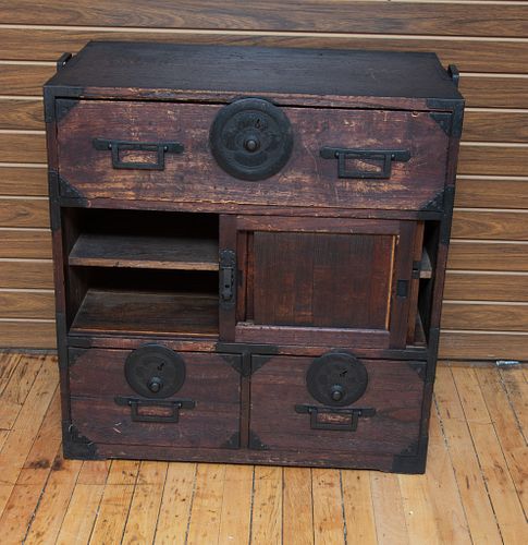 JAPANESE  TANSU CARVED WOOD CHEST H 30" W 27.5" D 17.5" 