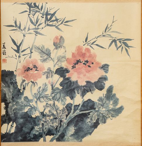 CHINESE FLORAL PRINT ON PAPER MOUNTED AS A SCROLL, H 24" W 24" 