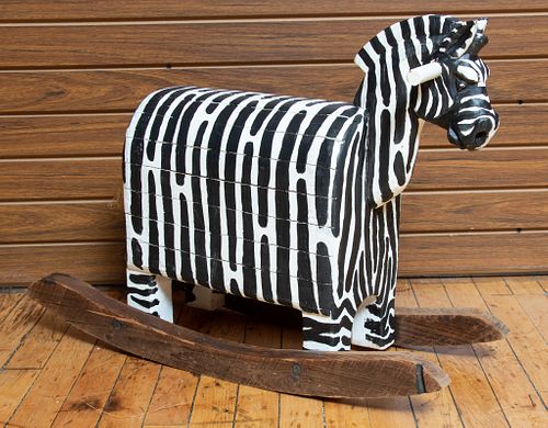 HAND PAINTED CARVED WOOD ROCKING ZEBRA/HORSE H 19.5" W 28" D 10" 