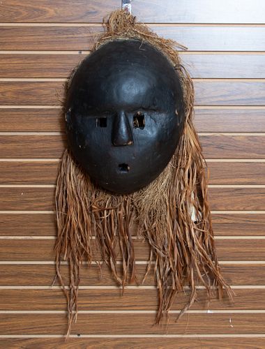 AFRICAN CARVED WOOD AND STRAW MASK H 17" W 13" 
