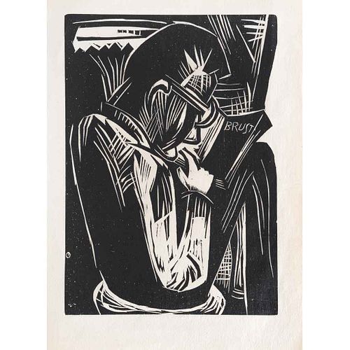 KARL SCHMIDT- ROTTLUFF, Hombre Leyendo, 1921, Sin firma, Xilografía sin tiraje, 19.8 x 7.8 cm medidas totales