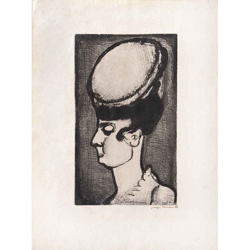 GEORGES HENRI ROUAULT, Señorita Irma, Firmado y monograbado, Grabado al aguafuerte sobre papel japonés sin tiraje, 30 x 18 cm