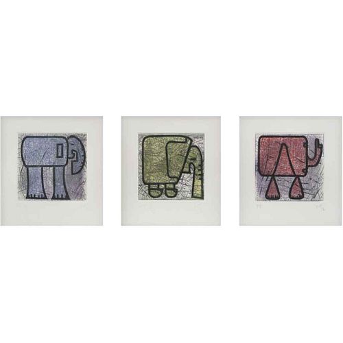 MIGUEL CASTRO LEÑERO, Elefantes, Firmados, Grabados al aguatinta P E, 26 x 82 cm medidas totales, Piezas: 3, enmarcadas juntos