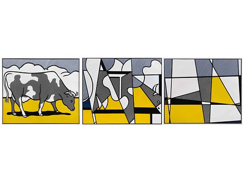 ROY LICHTENSTEIN, Cow Triptych (Cow Going Abstract), 1974, Sin firma, Litografía offset sin tiraje, tríptico, Piezas:3, 61 x 72 cm