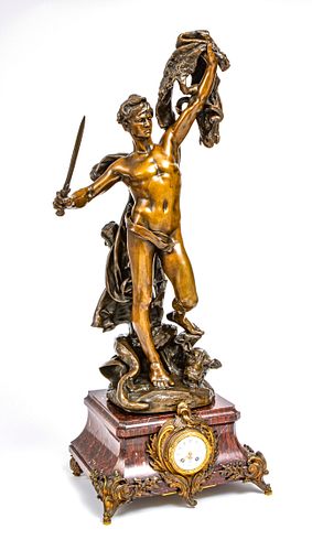 JUSTIN CHRYSOTOME SANSON (FRENCH, 1833-1910) BRONZE ON ROUGE MARBLE CLOCK, H 36.5", W 14"