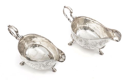 MICHAEL BYRNE, DUBLIN, STERLING SILVER SAUCE BOATS 1787, PAIR L 7" 