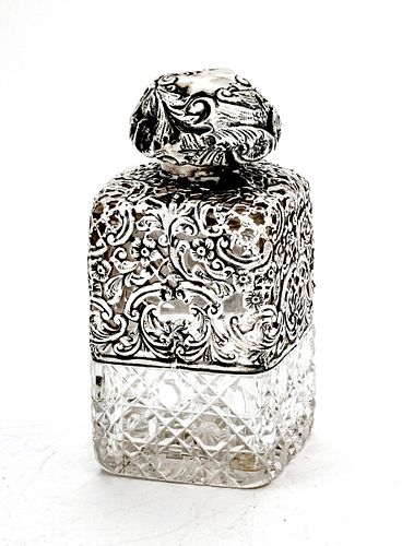 STERLING SILVER AND CUT GLASS BOTTLE, SILVER OVERLAY 1901, H 5.5" 