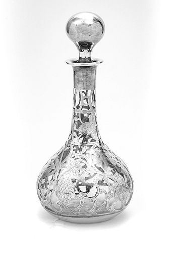 STERLING SILVER OVER CRYSTAL DECANTER, C 1900 H 11.5" 