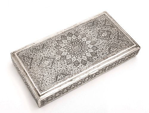 PERSIAN CHASED SILVER HINGED BOX, H 1", W 4", L 8" 