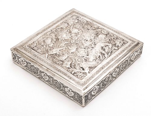 PERSIAN REPOUSSE SILVER HINGED BOX, H 1.5", W 6.5"