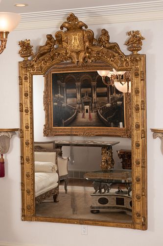 FINE NEOCLASSIC CARVED AND GILDED WALL MIRROR, MONUMENTAL SIZE 19TH C., H 86", W 55"