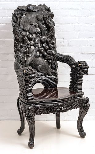 JAPANESE MEIJI PERIOD CARVED ROSEWOOD ARMCHAIR, 19TH C, H 50", W 26"