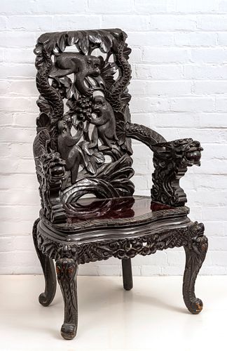 JAPANESE MEIJI PERIOD CARVED ROSEWOOD ARMCHAIR, C. 1900, H 47", W 28" 