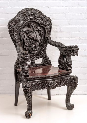 JAPANESE MEIJI PERIOD CARVED WOOD ARMCHAIR, C. 1900, H 44", W 27"