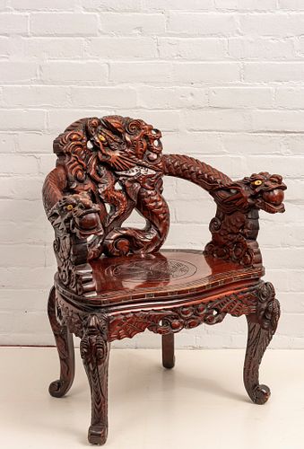 JAPANESE MEIJI PERIOD CARVED WOOD ARMCHAIR, C. 1900, H 33", W 27" 