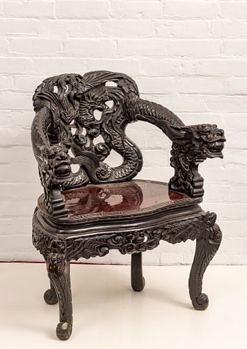 JAPANESE CARVED ROSEWOOD ARMCHAIR, C. 1900, H 33", W 27"