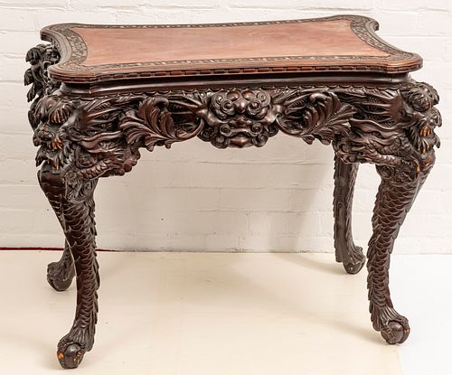 JAPANESE CARVED MAHOGANY TABLE, C 1900 H 30", L 38.5"