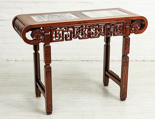CHINESE TEAKWOOD, INSET MARBLE ALTAR TABLE H 32" W 46" D 17" 