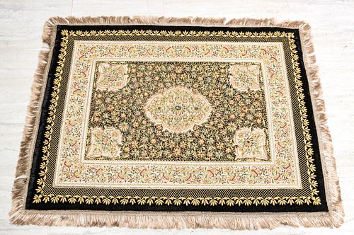 INDIAN  GOLD AND SILVER THREAD EMBROIDERED VELVET WITH HARDSTONE RUG, W 35", L 47" 