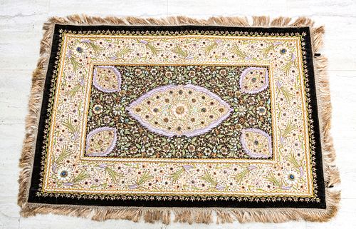 INDIAN  GOLD THREAD EMBROIDERED VELVET AND HARDSTONE RUG, W 26", L 38" 