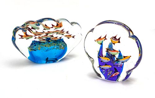 MURANO GLASS SCULPTURES TWO,  H 5", 6" W 5", 7" GOLD FISH 