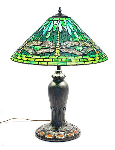 TIFFANY STYLE LEADED GLASS & BRONZE LAMP, H 9", DIA 20" (SHADE) 