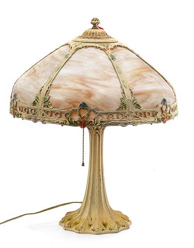 BENT CARAMEL GLASS TABLE LAMP, C. 1910, H 21", DIA 16.5" 