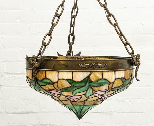 LEADED STAINED GLASS HANGING SHADE  C 1900 H 14" DIA 18" 