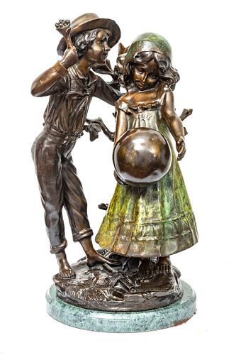 AFTER AUGUST MOREAU, BRONZE SCULPTURE  H 19" W 12" BOY AND GIRL WITH BALL 
