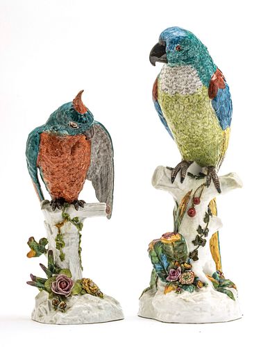 GERMAN PORCELAIN PARROTS, TWO, ON STUMPS EARLY 19TH.C. H 14", 17" 
