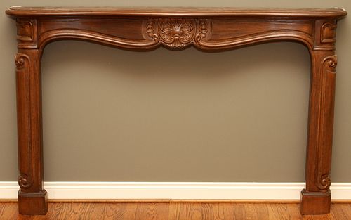 CARVED WOOD FIREPLACE MANTLE, H 46", L 69" 