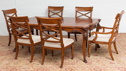 HENREDON WALNUT AND ENGLISH YEW-WOOD INLAID DINING TABLE & 6 CHAIRS, H 30.5", W 46", L 81" (TABLE) 