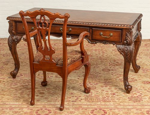 CHIPPENDALE STYLE CARVED MAHOGANY DESK & ARMCHAIR LATE 20TH C., H 31" L 59" D 30" 