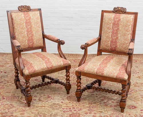 HENREDON CARVED WALNUT CHAIRS, PAIR H 44" W 22" D 26" 