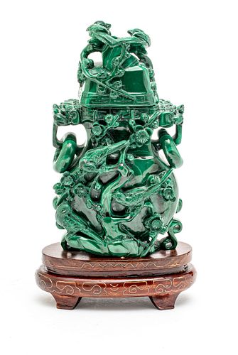 CHINESE MALACHITE URN WITH COVER, H 6" W 4" 