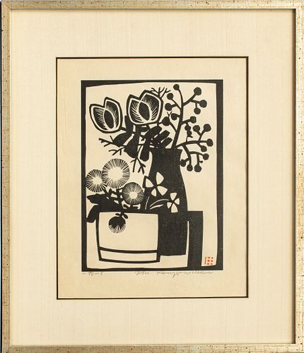 KENJI USHIKU (JAPANESE 1922-2012) WOODBLOCK PRINT, H 16", W 12", #17/100 