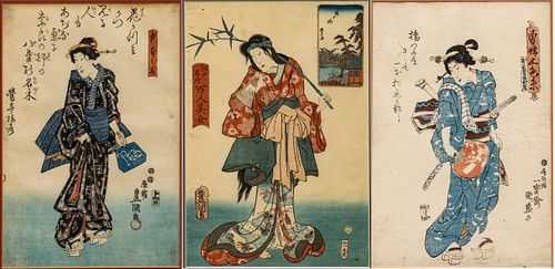 TOYOKUNI AND KUNIMORI JAPANESE WOODBLOCK PRINTS, CIRCA 1850, 3 PCS, H 13"-14", YOUNG BEAUTIES 