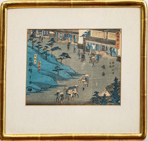 UTAGAWA HIROSHIGE (JAPAN, 1797-1858) WOODBLOCK PRINT ON PAPER, H 6.5", W 8.5", CITY SCENE 
