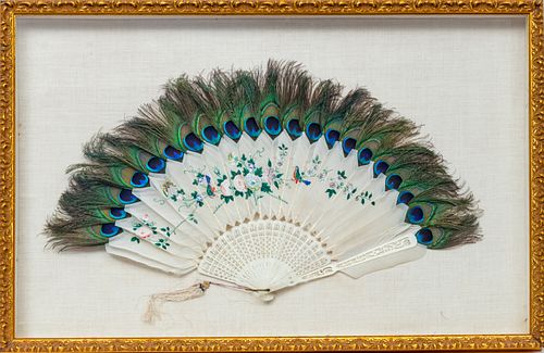 CHINESE SILK AND PEACOCK FEATHER FAN, MOUNTED 19TH.C. H 20" L 31" 