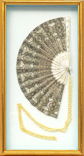 FRENCH SEQUIN & LACE FAN IN SHADOWBOX H 11" W 21" 